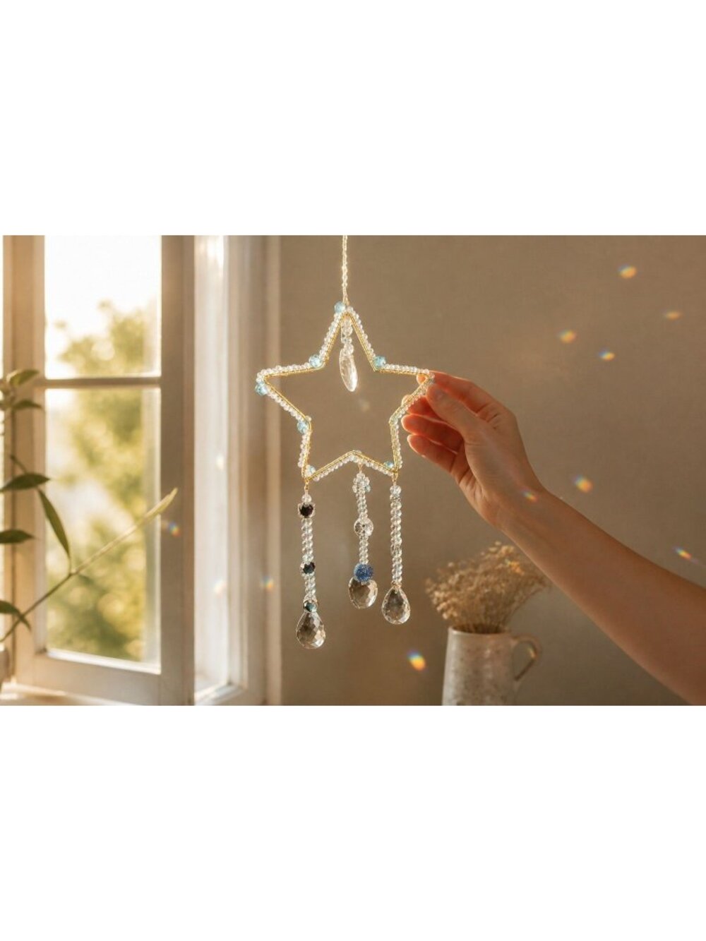 Handmade Crystal Star Sun Catcher Turquoise Beads • Light Prism Window Decor • B